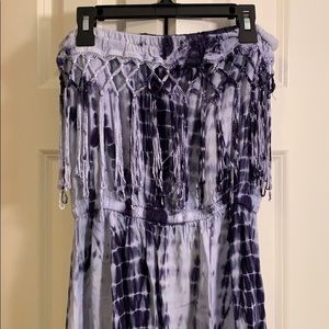 Blue tie-dye strapless maxi dress with fringes